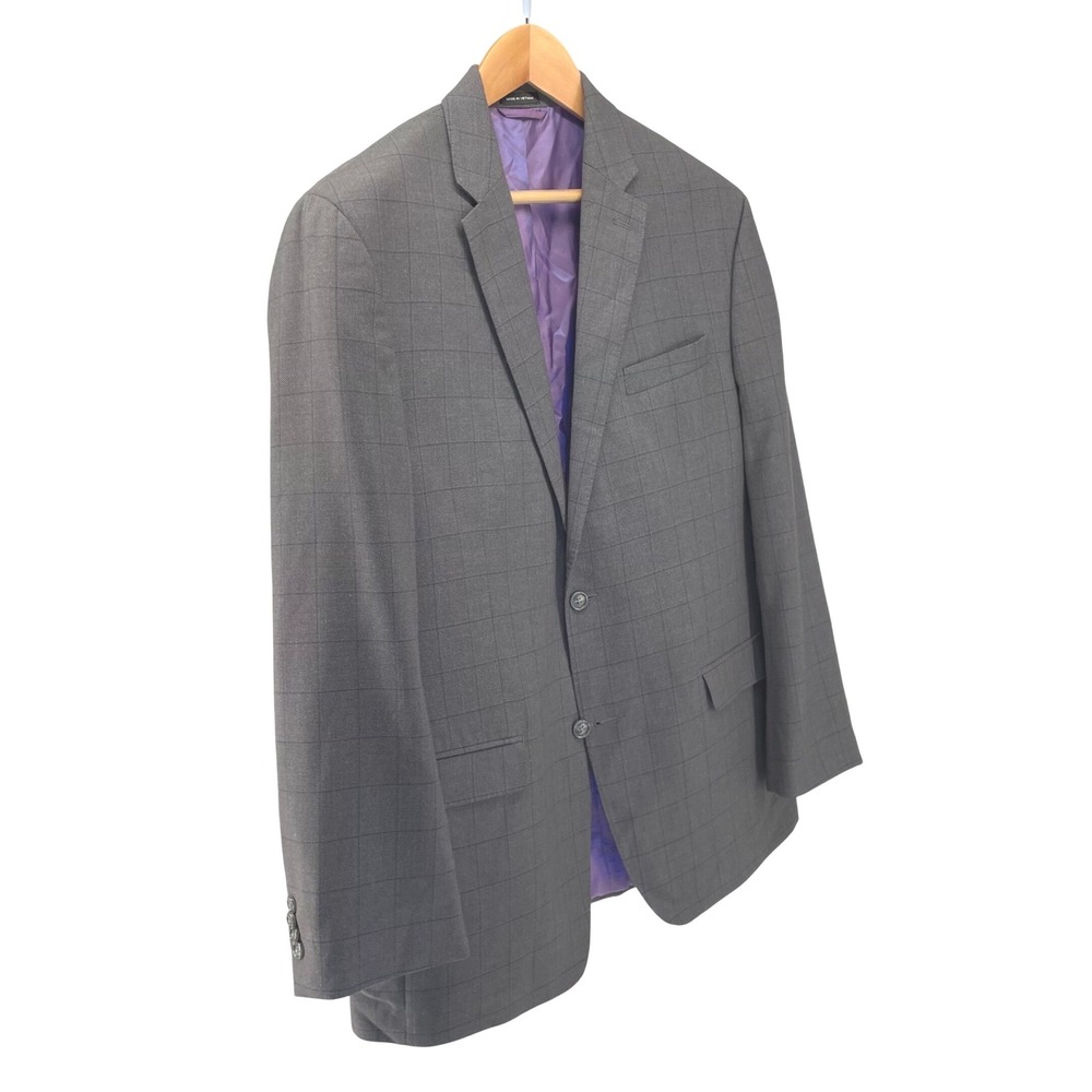 Sean John Mens 44L Blazer Charcoal Indigo Windowpane Purple Lining Suit Jacket - Picture 5 of 14